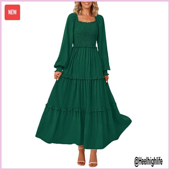 Dresses & Skirts - Long Sleeve Square Neck Tiered A-Line Maxi Dress, Smocked Waist, Flowy
